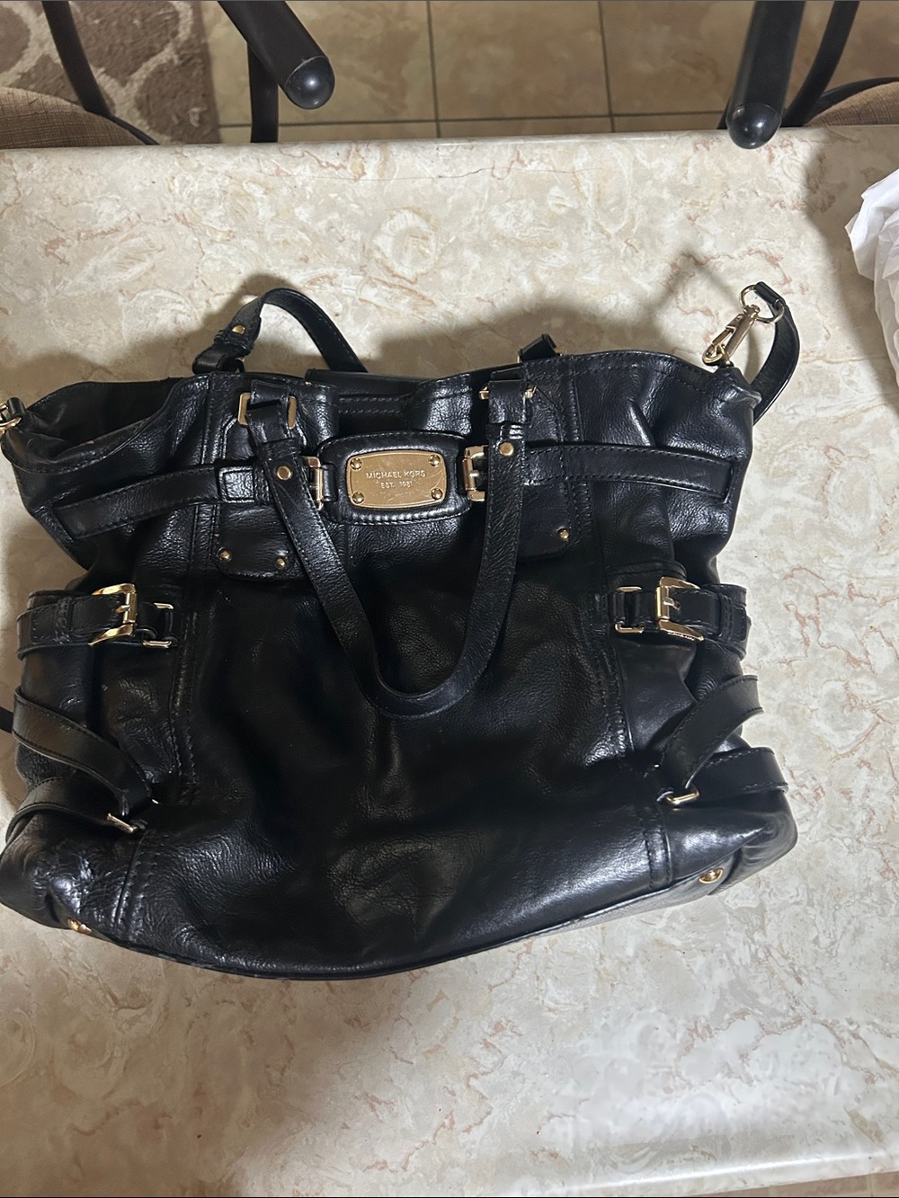 MICHAEL Michael Kors Black Leather Shoulder Tote with Gold Accents